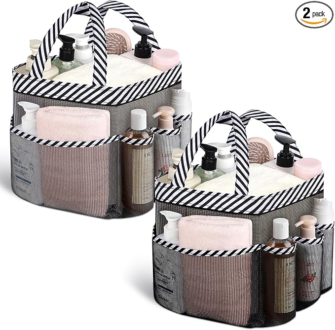 Attmu 2 Pack Mesh Shower Caddy Portable for College Dorm Room Essentials with 8 Pockets, Hanging Shower Caddy Dorm Basket, Quick Dry Shower Bag for Bathroom