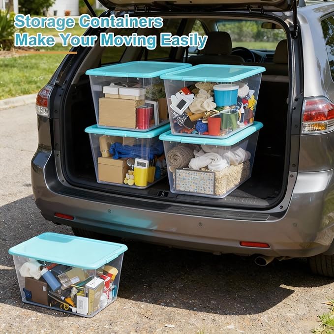 Storage Totes with Lids - Made in USA 14.5-Gallon (58-Quart) 4-Pack storage bins with lids plastic storage containers large storage boxes for Organizer Sky Blue/Clear