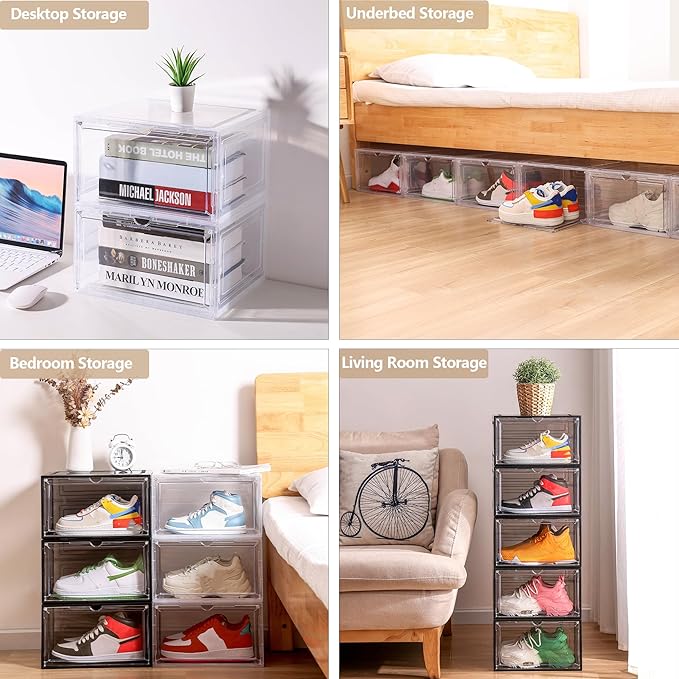 Attelite Shoe Box, Upgraded Large Clear Shoe Storage Box Stackable, 8 Pack Thicken Plastic Shoe Containers, Drop Front Large Magnetic Door,Shoe Storage Organizer for Display Sneakers
