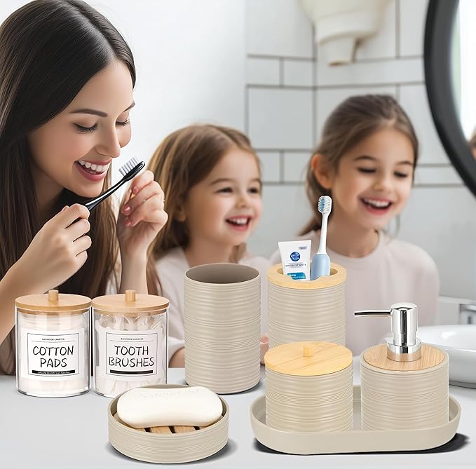 IMAVO Bathroom Accessory Set-11Pcs Beige Bathroom Accessories Set with Trash Can,Soap Dispenser,Soap Dish,Toothbrush Holder,Toothbrush Cup,Toilet Brush Holder,Qtip Holder Dispenser with Labels