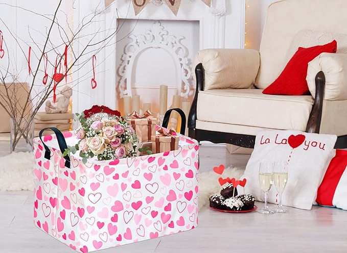 Girls Gift Basket Heart Print Storage Cube for Women, Closet Shelf Organizer Bins Empty Gift Basket with Handles Nursery hamper Kids Toys Books Box Room Deco