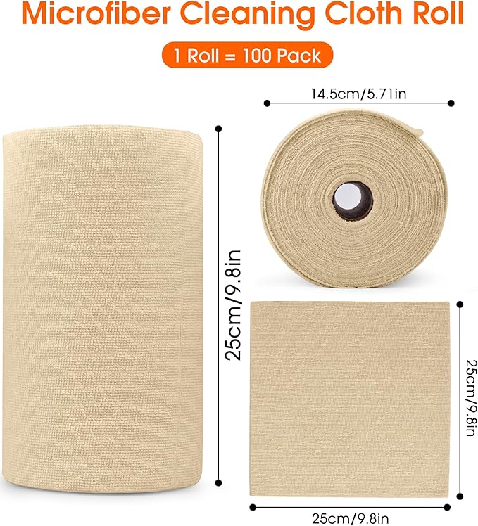 CHAUNCEY HOME Microfiber Cleaning Cloth Roll - 100 Pack Tear Away Microfiber Paper Towels, Reusable, Washable, Scratch-Free, Kitchen Towels for Car, Home, Kitchen, Glass, Dishes (Wheat Beige)