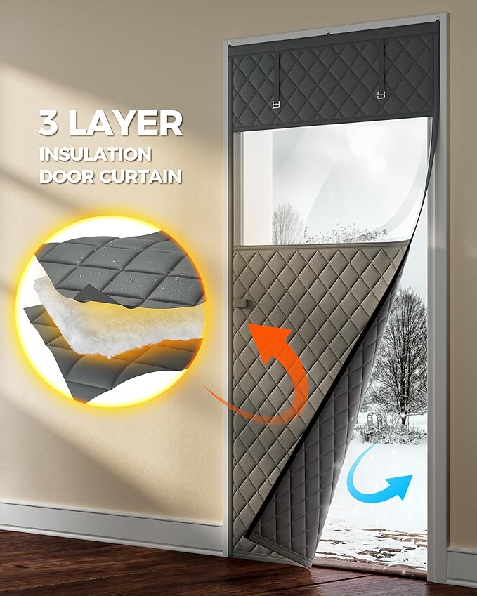 Thermal Insulated Door Curtain Fits Door Size 32 x 80 Inch, Oxford Cloth Thicken Cotton Fiber, Curtain Size 35" x 82", Single Piece Screen Insulation Cover to Keep Warm, with Clear Windows