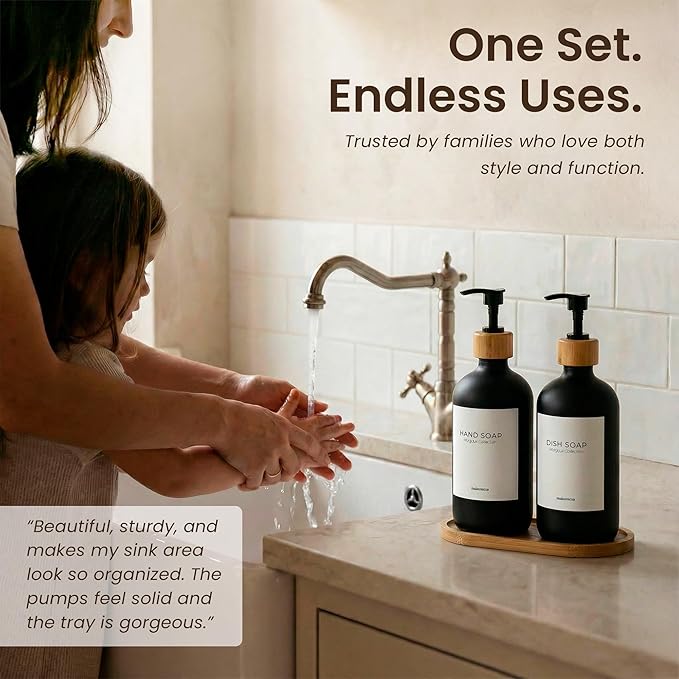 MaisoNovo Glass Dish Soap Dispenser for Kitchen Set of 2-16.9oz Dish and Hand Soap Dispenser Set for Kitchen - Black Glass Bottles x 2 with Black Bamboo Pumps & Tray