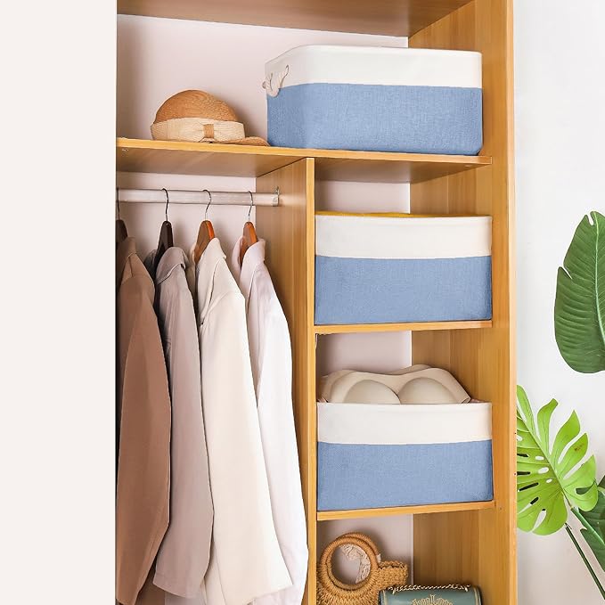 Storage Bins with Sturdy Cotton Handles(3 Pack), Fabric Storage Baskets for Organizing use for Office & Home, Book, Clothes, Toys, Closet Boxes (Large, Blue-White, 15.7x11.8x7.9 inches)