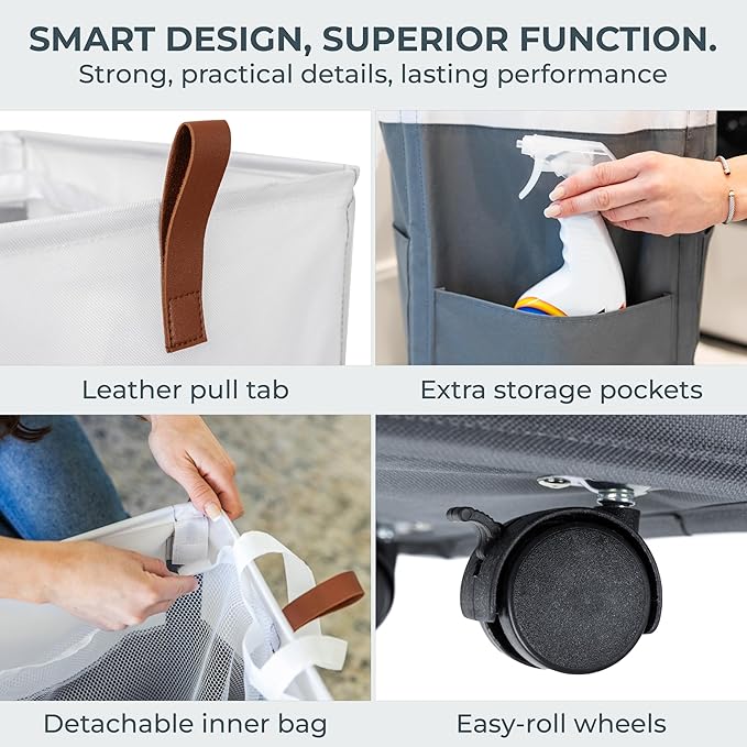 Laundry Basket with Wheels – Foldable, Space-Saving, Fabric Slim Laundry Hamper with Removable Bag and Side Pouches – Lightweight 75L Washing Basket for Clothes, Bedroom, Bathroom, Dorm