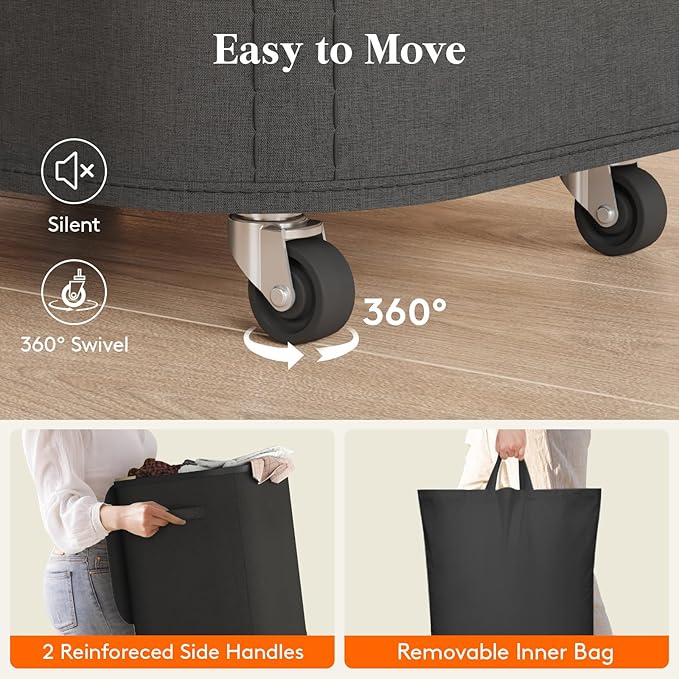 Lifewit 105L Plastic Laundry Basket with Lid, Large Clothes Hamper with Wheels and Removable Bag, Tall Collapsible Rolling Storage Bin for Dorm Bedroom Bathroom, Black