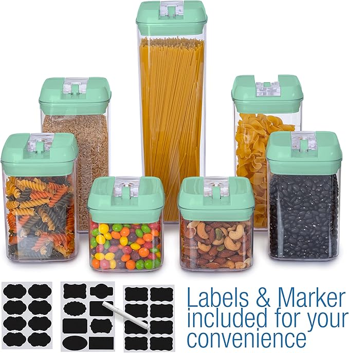 Set of 7 Airtight Food Storage Containers - Pantry Organizer Bins, BPA Free Plastic Containers plus Dry Erase Marker and Labels, Mint Green