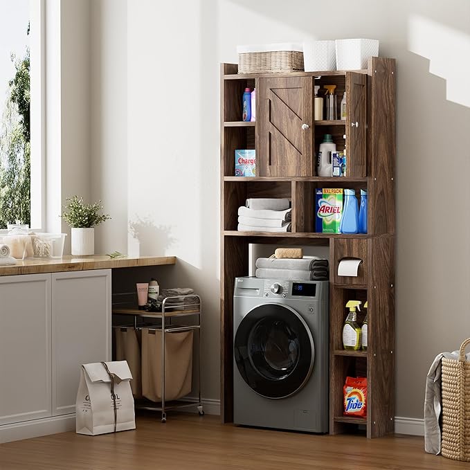 Meilocar Over The Toilet Storage Cabinet, Freestanding Storage Cabinet Over Toilet, Bathroom Storages Organizer Cabinets with Toilet Paper Holder Stand and Adjustable Shelf, Walnut