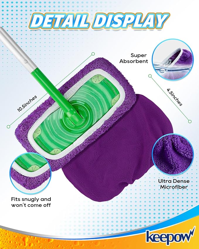 KEEPOW Reusable Mop Pads Compatible with Swiffer Sweeper Mop, Microfiber Dry Sweeping Cloths & Machine Washable Wet Pads Refill for All Sealed Floors - Stone, Hardwood, Laminate & Tile (8 Purple)