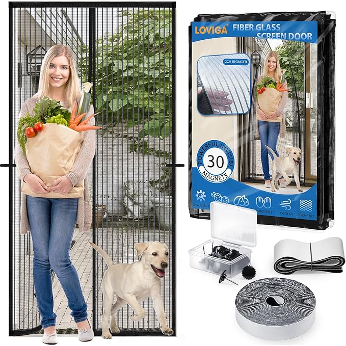 Heavy Duty Door Screen Magnetic Closure, LOVIGA Thickened Fiberglass Screen Door Mesh, Self Sealing, Tear Resistant, Easy Assemble, Fine Mesh Keep Bugs Out Fit Door Size 30 Inch X 77 Inch