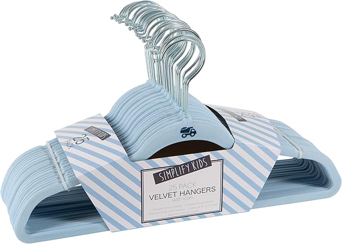 Simplify 25 Pack Kids Velvet Hangers | Slim | Non-Slip Design | Space Saving | Childrens Clothes | Shirts | Pants | Dresses | Baby Nursery | Closet Storage & Organization | Light Blue
