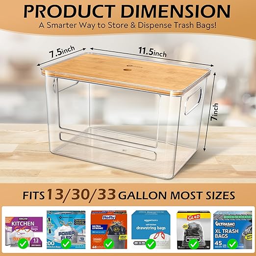 Stackable Trash Bag Dispenser with Wooden Top for Large Rolls – Extra-Large Garbage Bag Holder with Anti-Slip Base, Trash bag Dispenser Under Sink for Kitchen & Pantry Organization (11.5x7.5x7 inches)