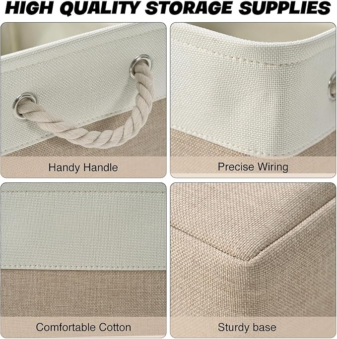 Storage Bins 3 Pack, Fabric Storage Basket for Collapsible Medium Canvas Storage Baskets for Organizing Shelf Nursery Home Closet with Cotton Rope Handle 15(L) x 11(W) x 9.5(H) inch(White&Khaki-3PCS)