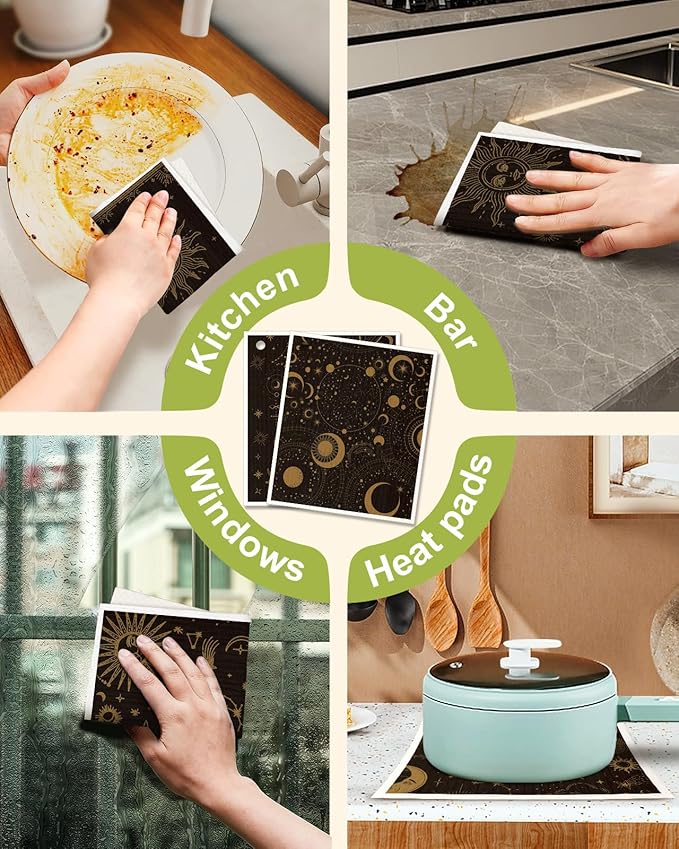 8 Pack Swedish Kitchen Dishcloths - Absorbent Reusable Dish Towels, Fast Drying, Moon Sun