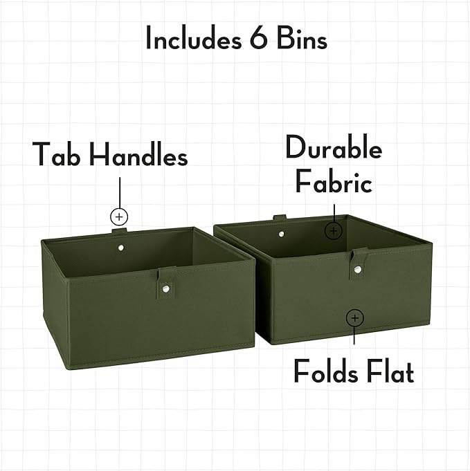 RiverRidge Kids 6pc Folding Storage Bins Set - 10.5”W x 5”H Fabric Boxes with Handles for Closet Organizer & Storage - Olive Cube Storage Organizer for Toys, Clothes & Crafts - Fits RiverRidge Shelves