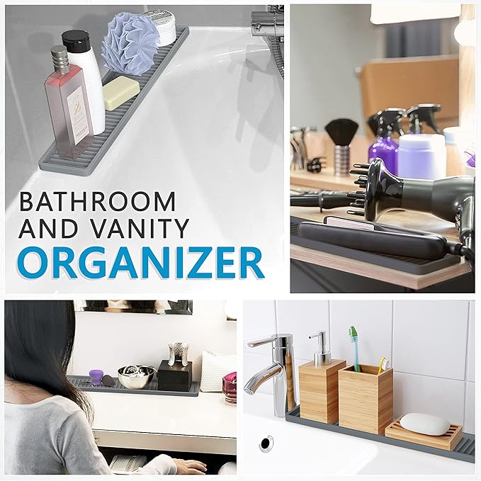 ZAPPOWARE Kitchen Sink Narrow Silicone Holder Tray 17.7"x3.1", Vanity & Bathroom Organizer, Gray