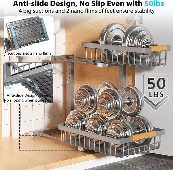 Under Sink Organizer 2 Pack, 2 Tier Slide Out Large Capacity Height Adjustable Under Sink Organizers and Storage for Kitchen Bathroom Cabinet, Grey