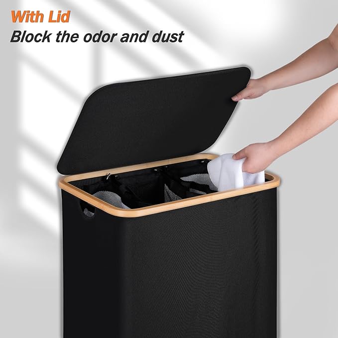 efluky Laundry Hamper with Lid, Trio Laundry Hamper with 3 Removable Bags, 3 Section Laundry Basket with Bamboo Handles for Bathroom, Bedroom & Laundry Room, 160L Black
