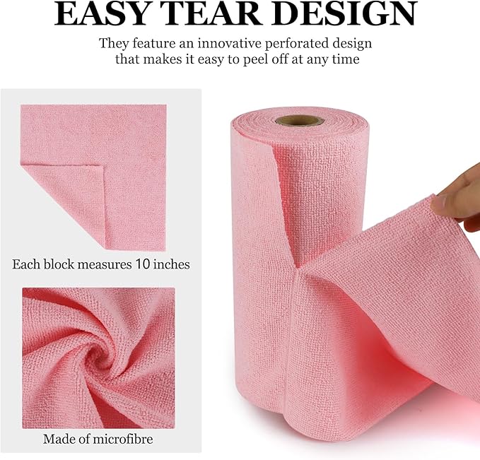 wuyaoyao 50PCS Microfiber Cleaning Cloth Roll, 10"×10" Tear Away Microfiber Towels, Reusable Washable Cloth Paper Towels, Multi-Purpose Cleaning Rags for Car Home Kitchen Garage Shop (Pink)