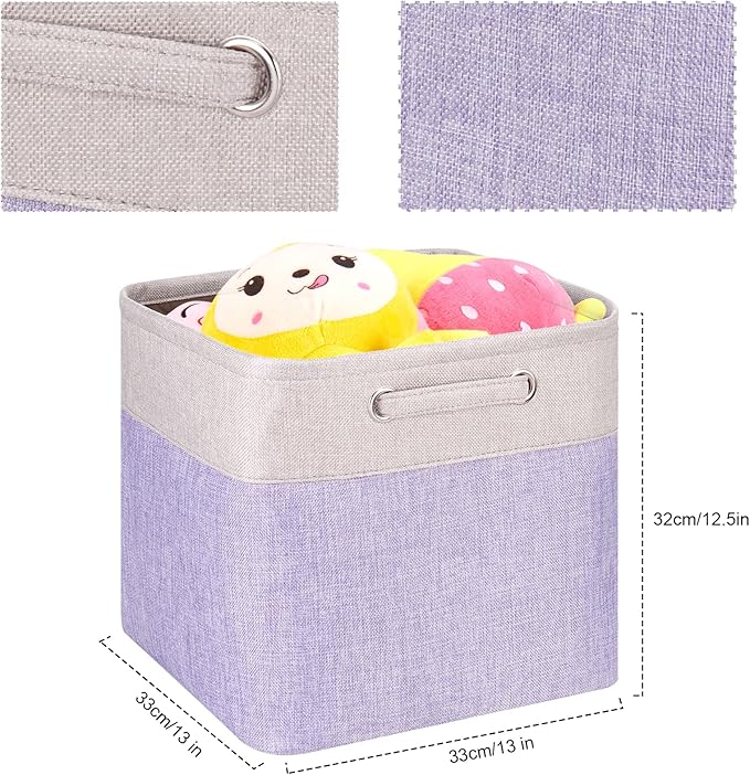 Fabric Cube Storage Bins Foldable Storage Boxes Light Purple and Silver Khaki Patchwork Storage Baskets Cubes Storage Bins with Handle Cube Inserts Storage 13x13x13 cube organizer bin Pack of 3