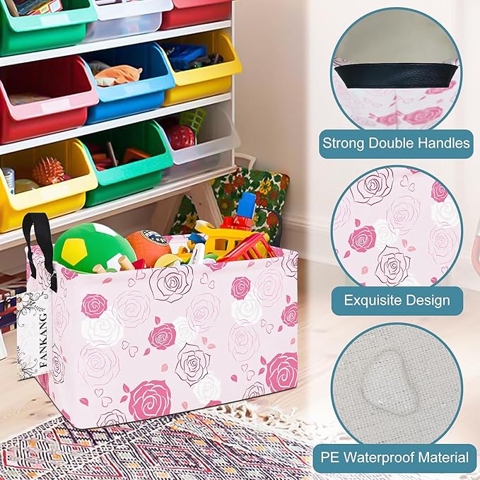 FANKANG Storage Bins, Nursery Hamper Canvas Laundry Basket Foldable with Waterproof PE Coating Large Storage Baskets for Kids Boys and Girls, Office, Bedroom, Clothes,Toys(Rec-Pink roses ）