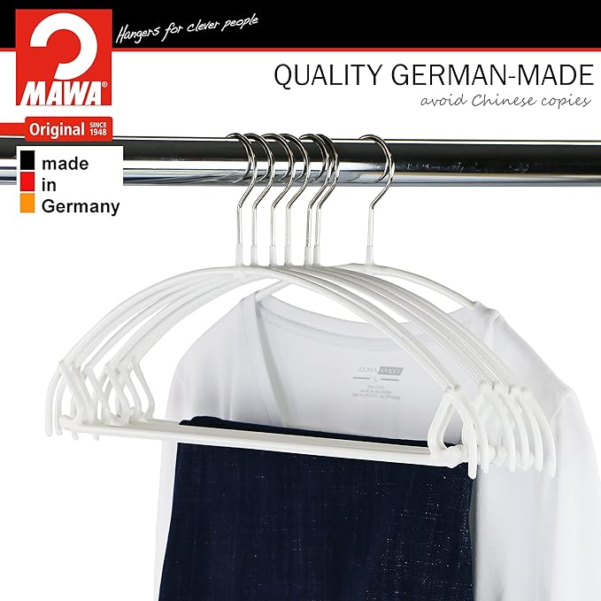 Mawa by Reston Lloyd Euro Ultra Light/Thin Series, Non-Slip Space Saving Clothes Hanger with Bar & Hook for Pants and Skirts, Style 42/PTU, Set of 130, White