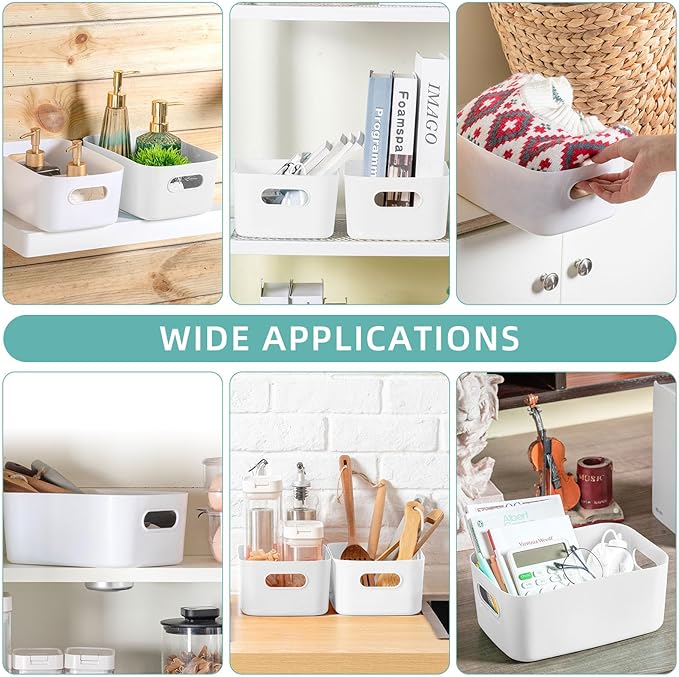 Geetery 12 Pieces Plastic Storage Bins Basket with Handles Toy Organizers and Storage Bins for Home Cupboard Kitchen Bathroom Office Pantry Organization(9.6 X 6.3 X 3.9 Inch,White)