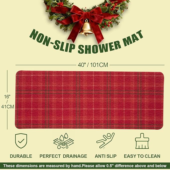 Hargiis Christmas Non-Slip Bathtub Mat, Anti Slip Shower Mat, Fast Drying Bathtub Mats, Foot Scrubber Mat, Anti Slip Mat for Tub, Floor, Bathroom, Kitchen, Home, Hotel (Holiday Plaid, 40"x16")
