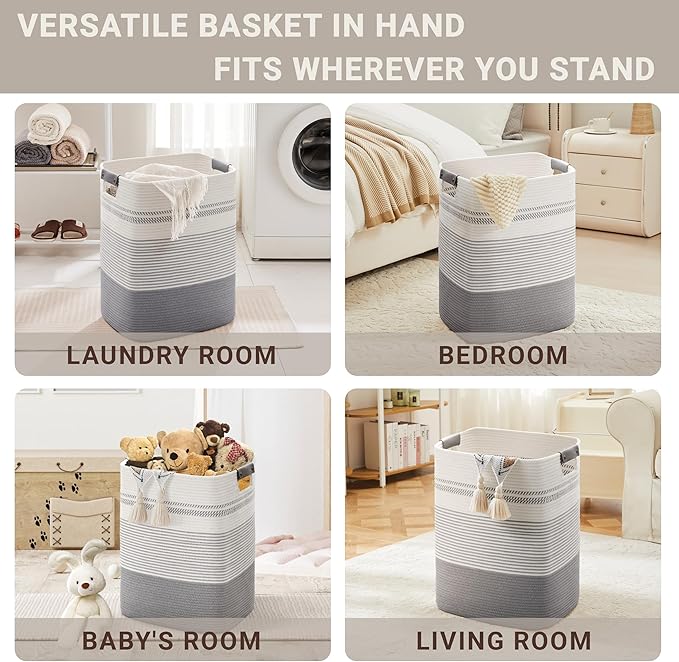 75L Tall Laundry Hamper with Handles for Living Room Storage, Large Woven Rope Baskets Bin for Blanket, Kids Toy, Gifts, Wicker Hamper for Bedroom Dirty Clothes, 16"x13"x22" White Grey