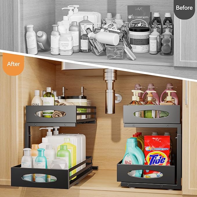 Under Sink Organizer, 2 Tier Under Sink Organizers and Storage, Adjustable Height, Slide out Metal Cabinet Organizers, Pull out Cabinet Storage Drawer Shelf for Kitchen Bathroom Black 2Pack