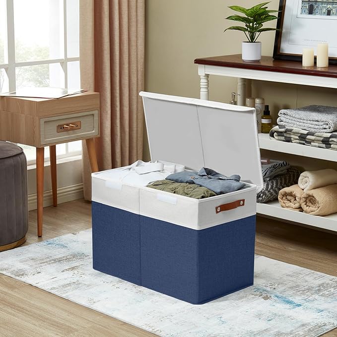 Large Toy Storage Box with Lids, Collapsible Sturdy Baby Storage Organizer Chest Bin Basket for Kids, Boys, Girls, Playroom, Nursery, Bedroom, Closet 25"x13"x16" (Navy Blue and White)