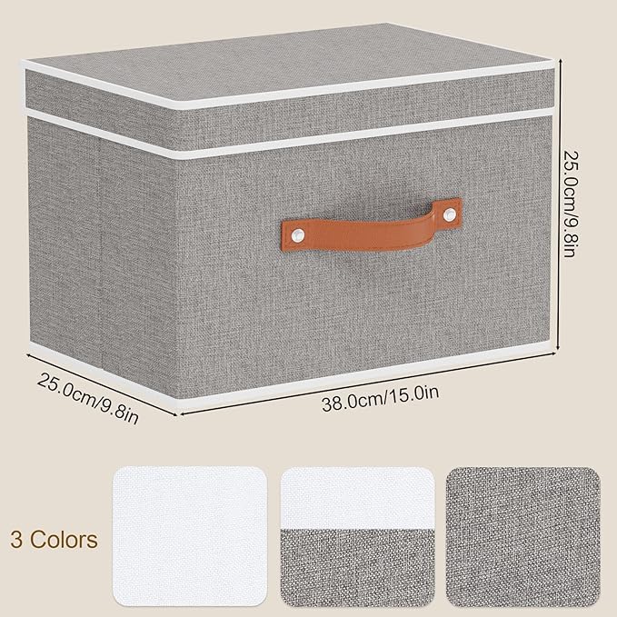 YheenLf Storage Bins with Lids, Linen Collapsible Boxes, 15 x 9.8 x 9.8 Inch Storage Baskets with Double Handles for Shoes Books, Grey, 3-Pack