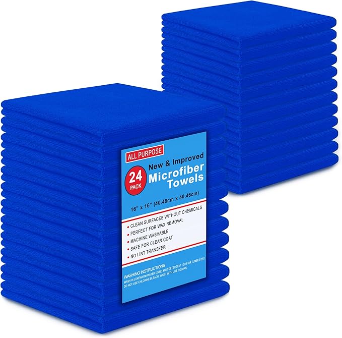 Microfiber Cleaning Towels, Pack of 24, Ultra Soft Plush Washcloth, All Purpose Premium Microfiber Detailing Cleaning Cloths Reusable Shop Towels (16" x 16", Royal Blue)