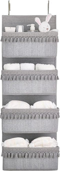 Dahey Over The Door Organizer Boho Nursery Storage Decor Closet Hanging Organizer with Tassels Decoration for Bedroom Nursery Bathroom Apartments Dorm Pantry, 4 Pockets, Grey