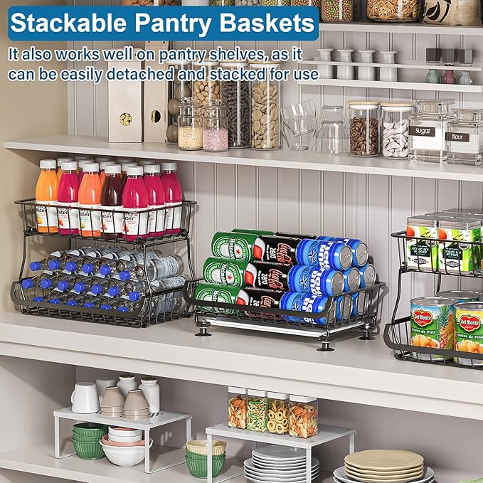 3-Tier Rolling Pantry Floor Organizer and Storage Cart with Wheels, Stackable Wire Pantry Baskets for Pantry Shelves, Kitchen Fruit Basket Stand and Storage Rack for Fruit Snack Onion Potato