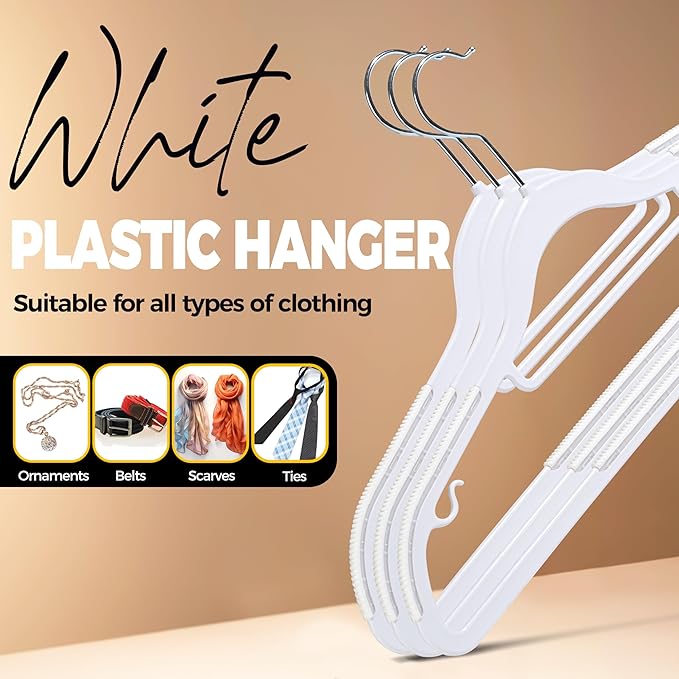 Quality Clothes Hangers 50 Pack - Non-Velvet Plastic Hangers for Clothes - Heavy Duty Coat Hanger Set - Space-Saving Closet Hangers with White Swivel Hooks - Functional Non-Flocked