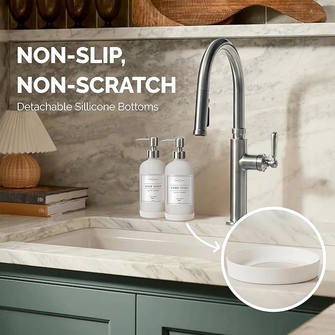 Vine Creations White Glass Soap Dispenser, 2 Pack Kitchen Soap Dispenser Set with Stainless Steel Pump, 16 oz Dish Soap and Hand Soap Dispensers for Bathroom with Waterproof Labels