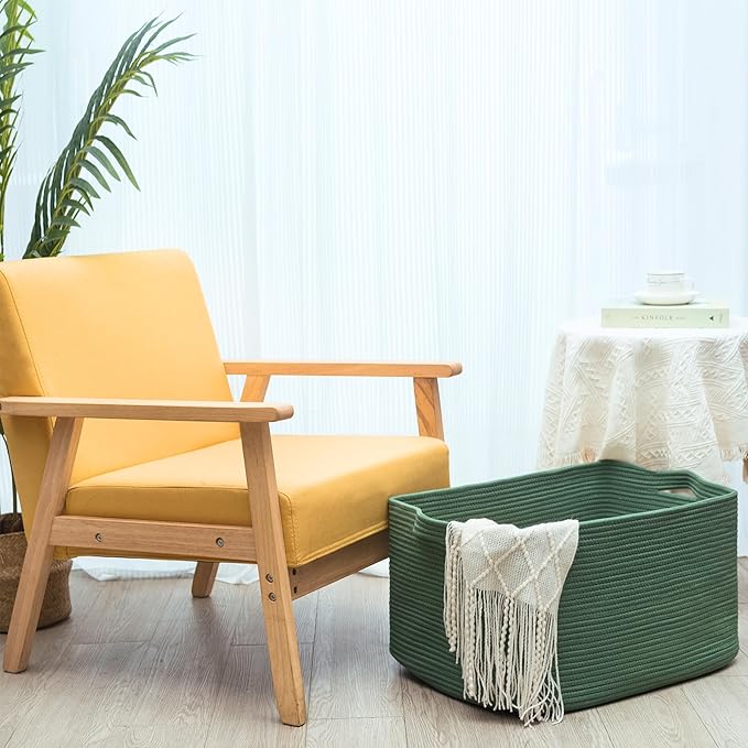 MINTWOOD Design 22in Extra Large Blanket Basket Holder Living Room, Rectangle Rope Woven Storage Basket with Handles for Laundry, Pool Towels, and Shoes, Dog Toy Organizer Bin Box, Forest Green