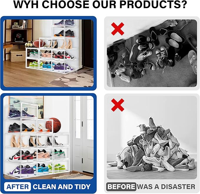 2 Pack Drop Front Shoe Boxes Acrylic Box Sneaker Case Size 12, Transparent Display Cases for Sneaker Collections, Baseball Caps, Hat Organizer Dust-free Shoe Cubbies Stackable Sneaker Boxes