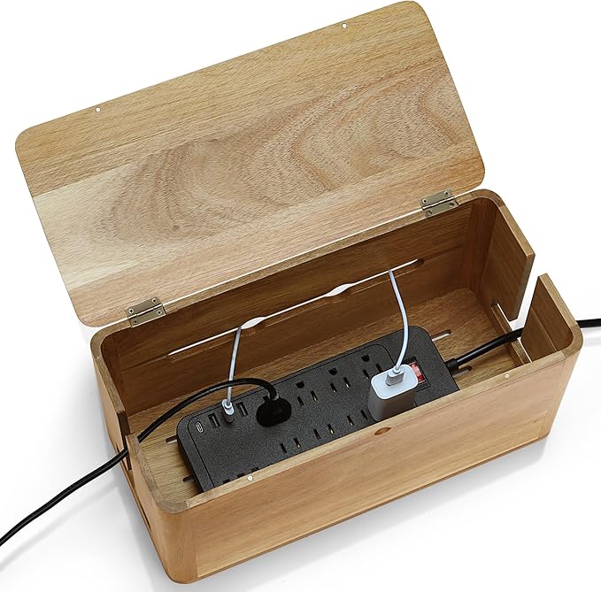 Large Acacia Wood Style Cable Management Box, Cord Organizer Power Strip Box with Magnetic Outlet Covers, Cord Hider for Desk and Floor Cable Storage, Ventilated Design