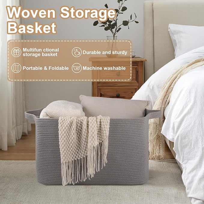 Extra Large Blanket Basket, 24" x 16.9" x 14.2" Woven Storage Basket for Living Room, Rectangle Nursery Blanket Storage for Toys, Towels, Dirty Clothes (Light Grey)