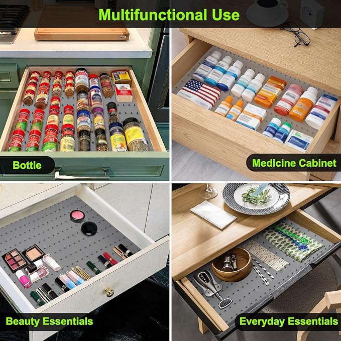 Gosmol Spice Drawer Organizer insert, Adjustable & Non-Slip Silicone Spice Drawer Liner, in Drawer Spice Organizer for Seasoning Jars and Spices Bottles -Grey