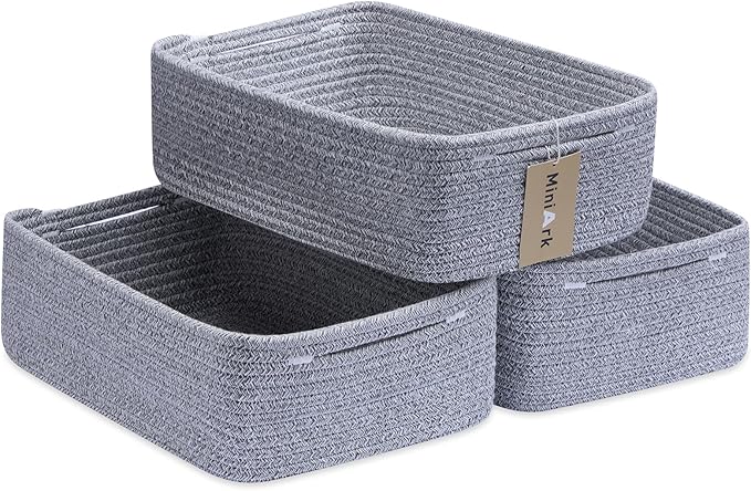 Large Shallow Organizing Baskets 15x11x5.1 Inches - Rope Woven Storage Bins for Bathroom, Shelves, Cube Closet, Mixed Grey 3 Packs
