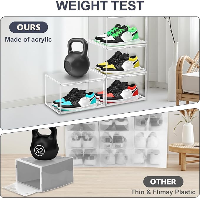 2 Pack Clear Shoe Boxes Size 12 Shoe Storage Organizer for Closet Stackable Shoes Rack Handbag Organizer Plastic Sneaker Storage Bin with Magnetic lids
