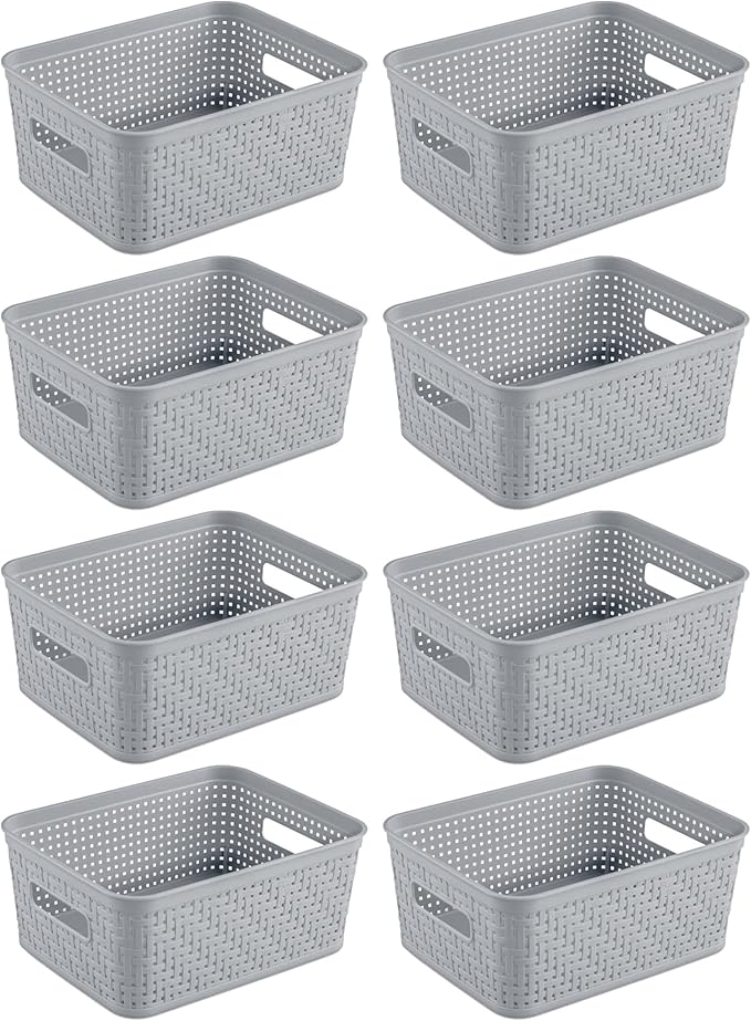 Sterilite 8 Pack Plastic Storage Bin Organization Containers, Small Baskets, Cement