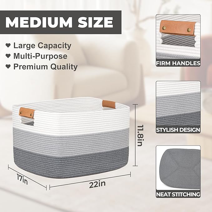 danpinera Blanket Basket, 72L Rectangle Large Basket for Living Room, Baby Room & Laundry, Woven Cotton Rope Toy Bin Baby Nursery Room Storage, 22’’*17’’*11.8’’, Gradient Grey