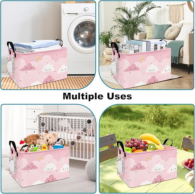 FANKANG Storage Bins, Nursery Hamper Canvas Laundry Basket Foldable with Waterproof PE Coating Large Storage Baskets for Kids Boys and Girls, Office, Bedroom, Clothes,Toys(Rec-pink cloud ）