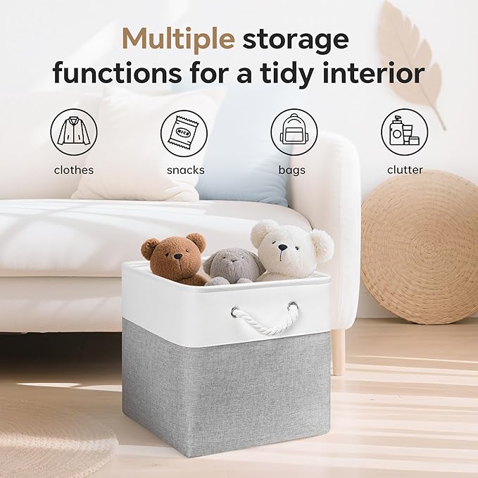 13x13 Inch Cube Storage Bins with Reinforced Bottom Cardboard, 6 Pack Large Foldable Fabric Storage Cubes with Handles for Shelf, Closet, Laundry Organization (White&Gray)