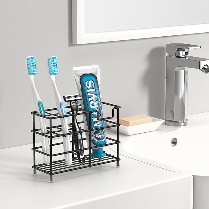 HBlife Medium Toothbrush Holder for Bathroom, 7 Slots Black Stainless Steel Bathroom Accessories Organizer for Small Spaces